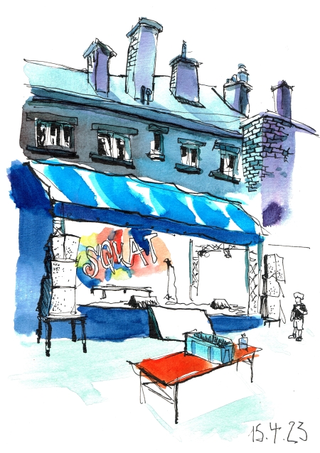 Illustration à l'aquarelle de la scène extérieure du Squat Festival