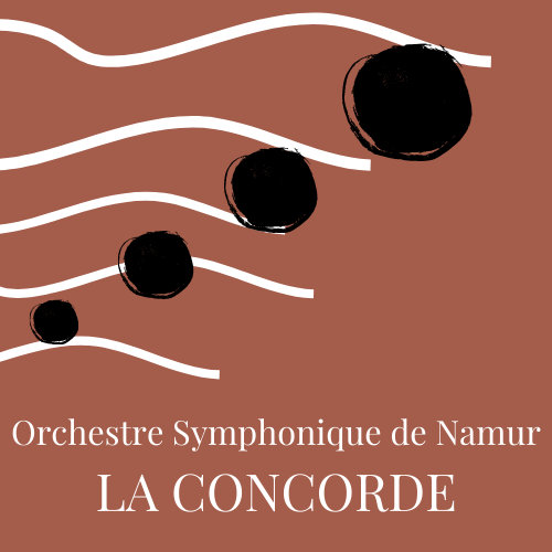 Carré brun cinq lignes avec quatre ronds noir comme une portée la mention orchestre symphonique de Namur- La Concorde