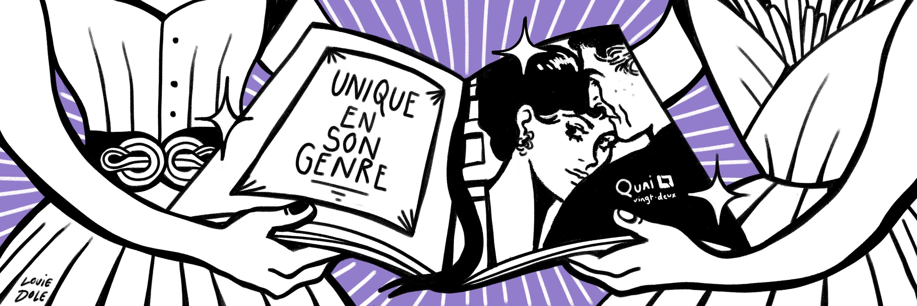 Illustration d'un livre ouvert tenu par deux mains. Sur la page de gauche est écrit "Unique en son genre" et sur la droite est dessinée une fresque d'un homme et d'une femme, la femme regarde tout droit l'homme regarde la femme, c'est une fresque sur la façade du Quai 22