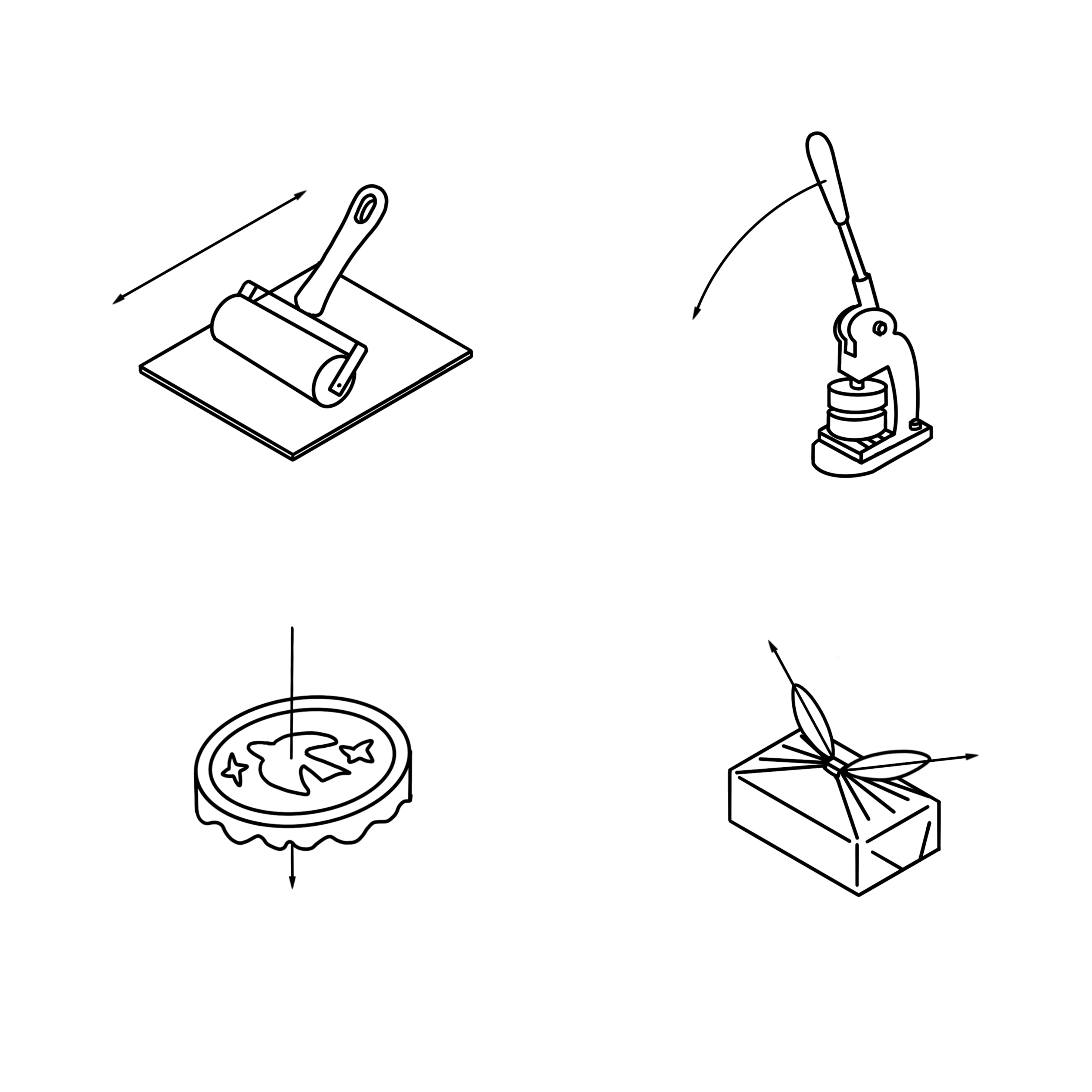 Dessins en noir un blanc dun rouleau de linogravure, d’une machine à pins, d’un tambour à broder et d’un cadeau emballé dans du tissus 
