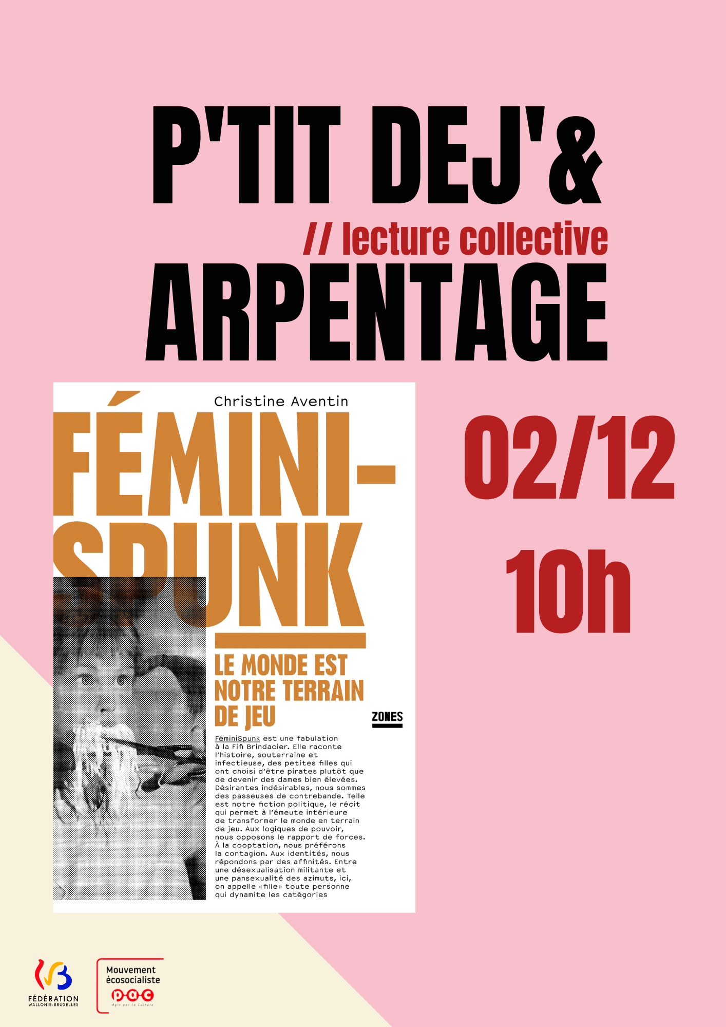 Couverture du livre "Feminispunk" de Christine Aventin, sur fond rose, avec une photo de l'héroïne Fiffi Brindacier. En texte: p'tit dej' et arpentage // lecture collective