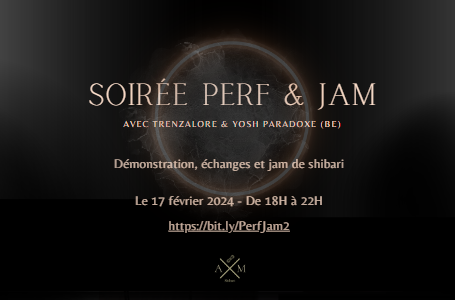 Fond noir avec une lune + texte de la soirée performance et Jam de Shibari avec le nom des performeurs et date