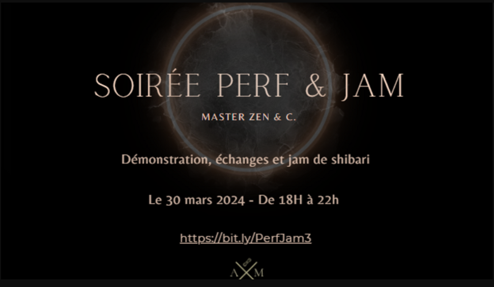 Fond noir avec une lune + texte de la soirée performance et Jam de Shibari avec le nom des performeurs et date