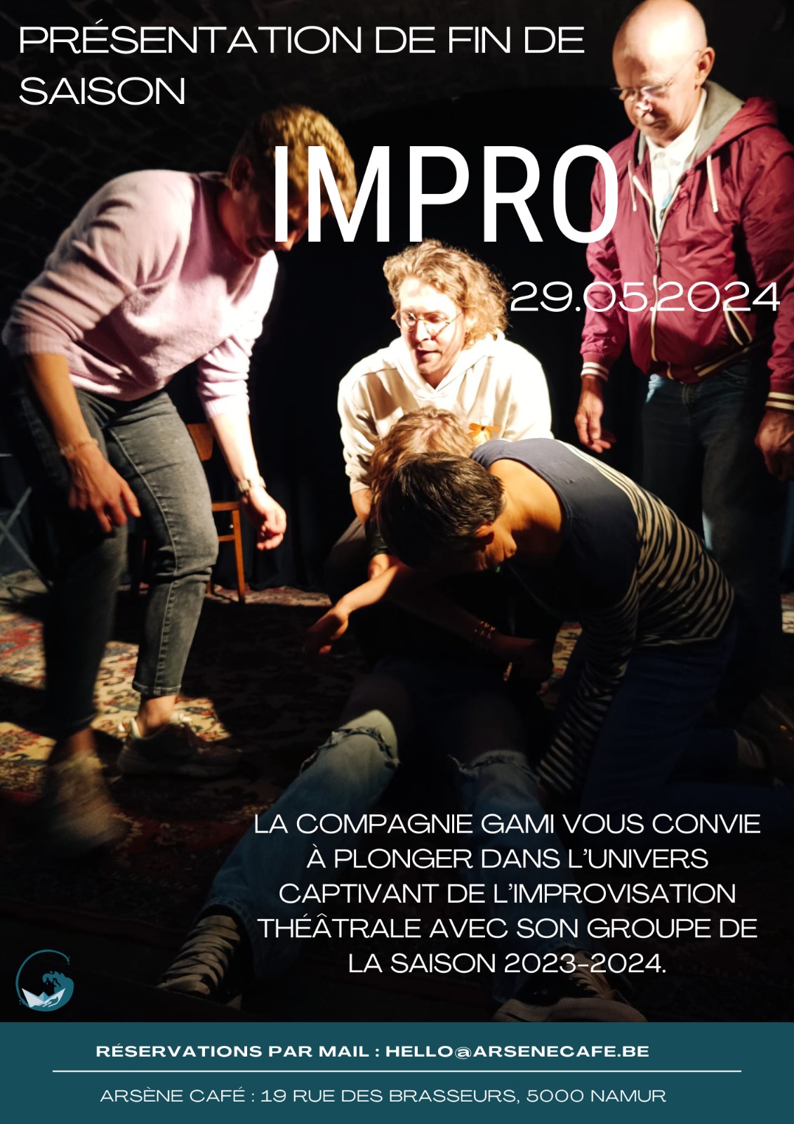 Nous vous convions chaleureusement à notre représentation de fin de saison, où l'énergie créative fuse et où chaque instant est une surprise. Venez encourager notre groupe d'impro de la saison 2023-2024 alors qu'ils tissent des histoires spontanées, donnent vie à des mondes imaginaires et vous emportent dans un tourbillon d'émotions. Prix libre, au chapeau en fin de représentation.