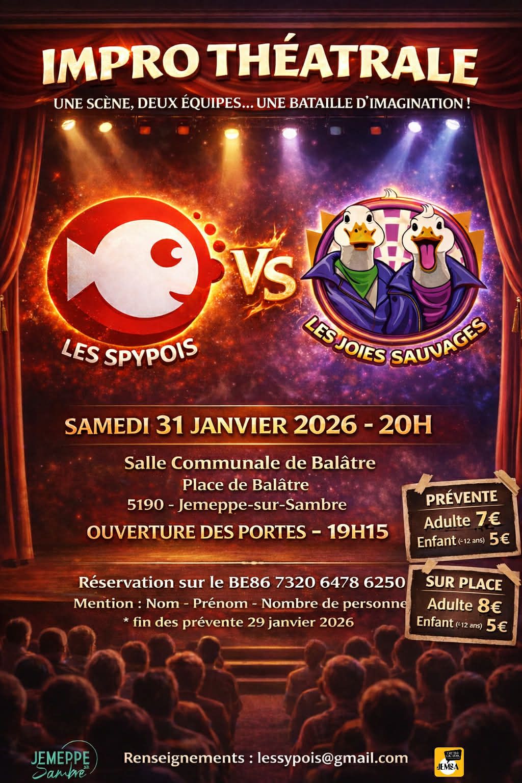 L'affiche indique les informations n&eacute;cessaire l'&eacute;v&egrave;nement : Spypois vs Joies Sauvages - &agrave; Bal&acirc;tre - le 31 janvier