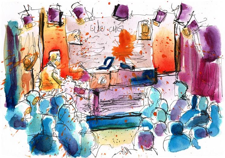 Peinture à l'aquarelle du concert de Guy Cabay, par Davely.