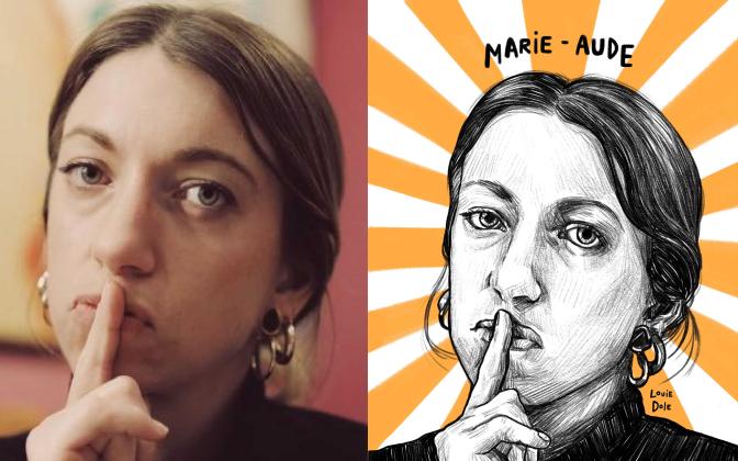 A gauche, c'est la photo de Marie-Aude. Elle se bouche la bouche avec son index et elle regarde droit devant elle. Ses cheveux son attachés vers l'arrière et elle porte des boucles d'oreilles. A droite, c'est l'illustration en noir et blanc de la photo sur un fond jaune et blanc.