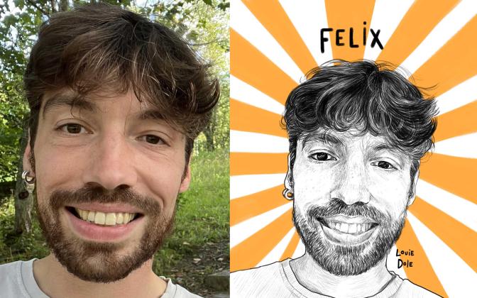 A gauche, c'est la photo du visage de Félix. Il sourit à pleine dent. Il a les cheveux et les yeux bruns et la barbe brune. Il est dans un décor naturel, il y a de la pelouse et des arbres. A droite, c'est l'illustration de la photo en noir et blanc sur un fond rayé jaune et blanc.