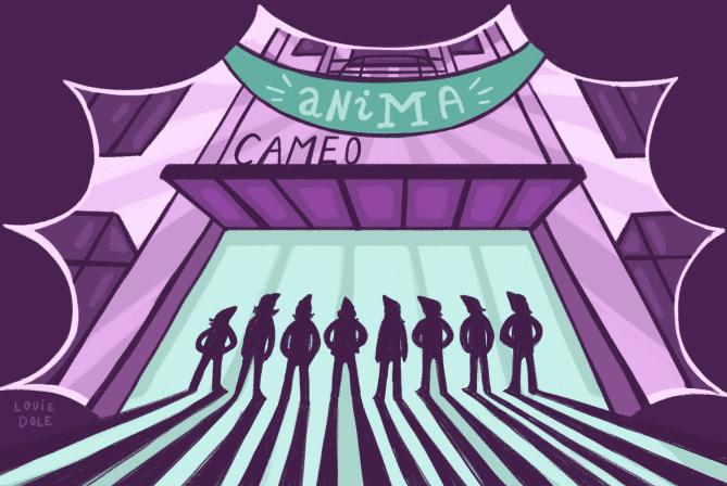 illustration : les silhouettes de 8 personnages se tiennent devant le cinéma "Caméo" sur lequel une bannière "anima" est accrochée