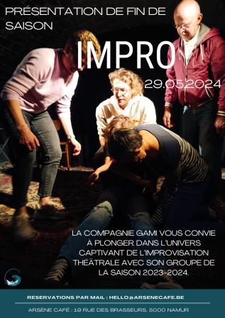 Nous vous convions chaleureusement à notre représentation de fin de saison, où l'énergie créative fuse et où chaque instant est une surprise. Venez encourager notre groupe d'impro de la saison 2023-2024 alors qu'ils tissent des histoires spontanées, donnent vie à des mondes imaginaires et vous emportent dans un tourbillon d'émotions. Prix libre, au chapeau en fin de représentation.