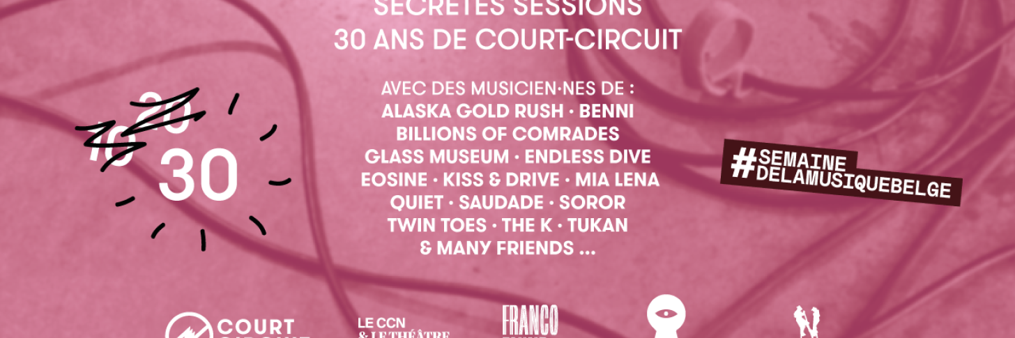 Un fond rose avec un cable de son et nos partenaires cit&eacute;s.
