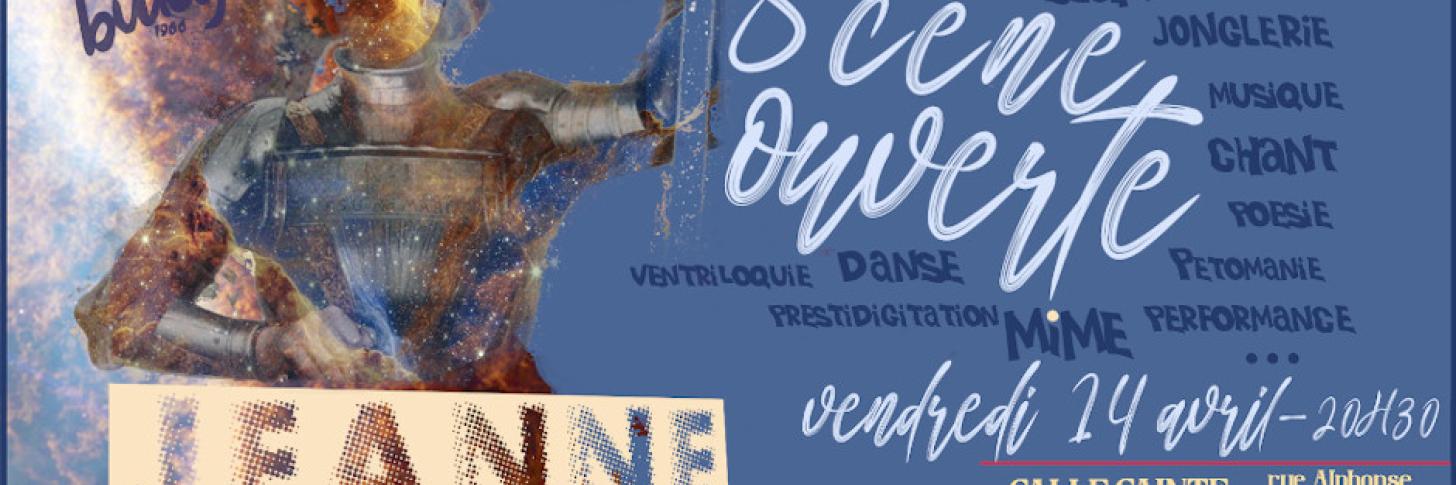 Tu as sans doute un talent. Et, comme Jeanne, au fond de toi une petite voix qui te dit de suivre ton rêve. Et tu rêves de brûler les planches. Tu as peut-être un texte à jouer, des pas à danser, des airs à chanter, des quilles à jongler… Des blagues pour faire un tabac ! Si tu hésites… N’hésite plus ! Jeanne t’ouvre ses bras, sa scène, son cœur ! Le 14 avril, viens sans peur, te jeter à l’eau devant un public courtois. Inscris-toi à la première scène ouverte "Jeanne s'enflamme".