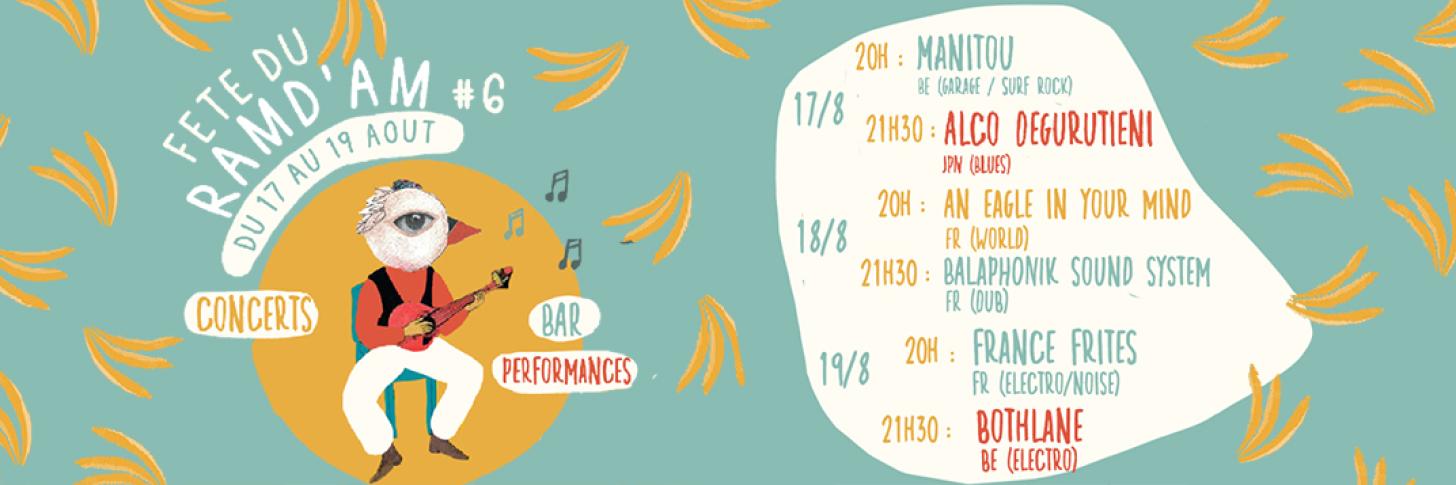 Affiche illustrée avec le line up de la Fête du Ramd'Âm