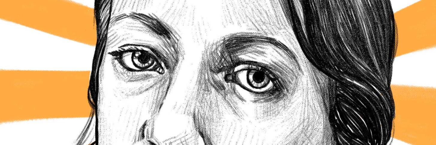 C'est une partie du visage de Marie-Aude illustrée en noir et blanc sur un fond jaune et blanc. Il y a ses yeux, son nez, ses sourcils, une partie de ses cheveux