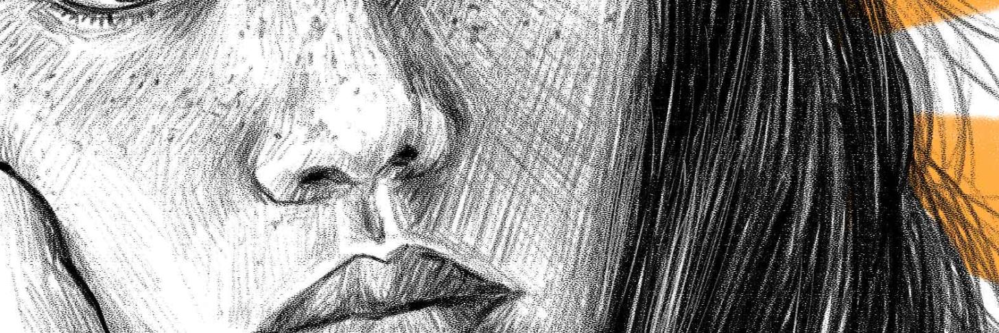 c'est une partie du visage de Mei illustré en noir et blanc sur un fond jaune et blanc. il y a son nez, sa bouche et on devine un oeil et sa chevelure. 