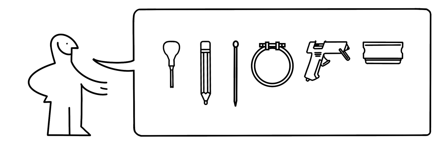 Petit bonhomme IKEA montrant différents outils de création 