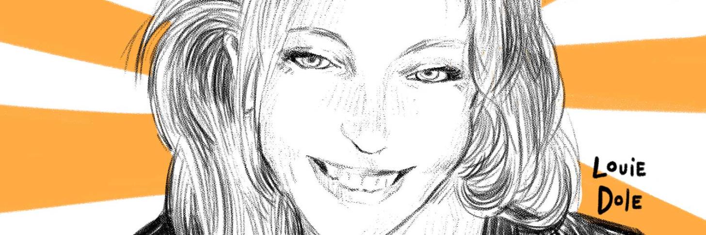 C'est une illustration signée Louie Dole en noir et blanc sur fond blanc et jaune qui représente Carine en train de sourire; Elle regarde droit face à l'objectif. Elle a des cheveux blonds et des yeux clairs.
