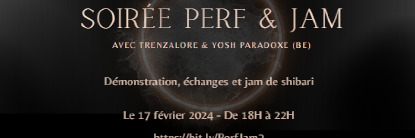 Fond noir avec une lune + texte de la soirée performance et Jam de Shibari avec le nom des performeurs et date