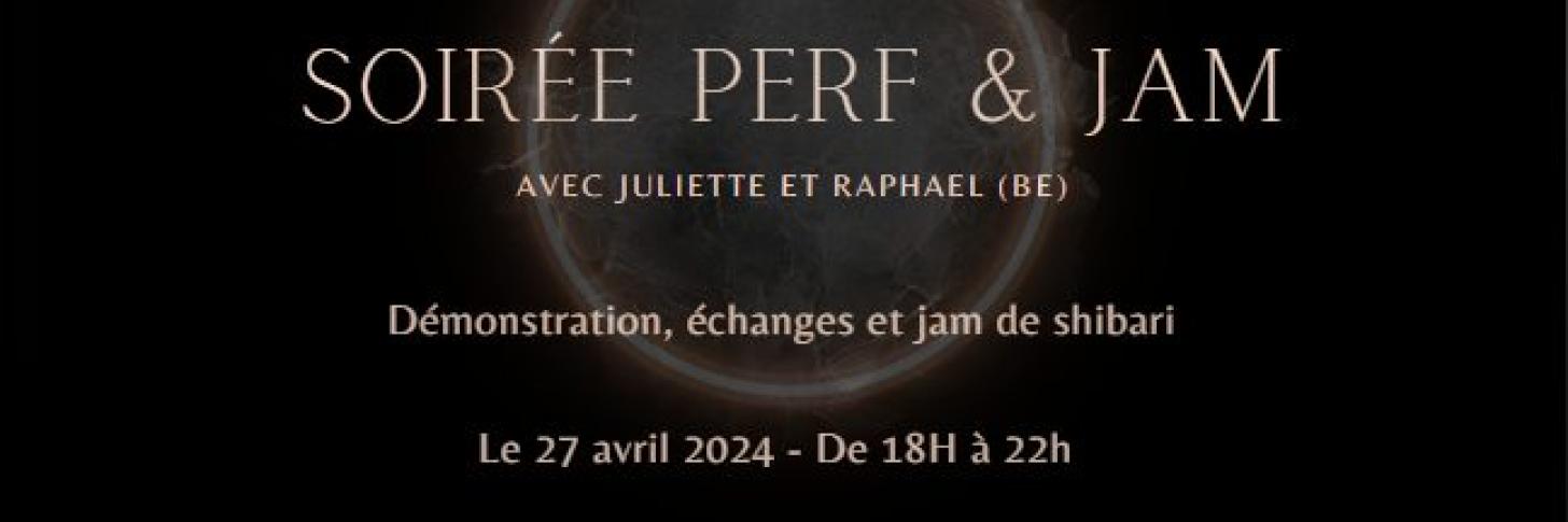 Fond noir avec une lune + texte de la soirée performance et Jam de Shibari avec le nom des performeurs et date