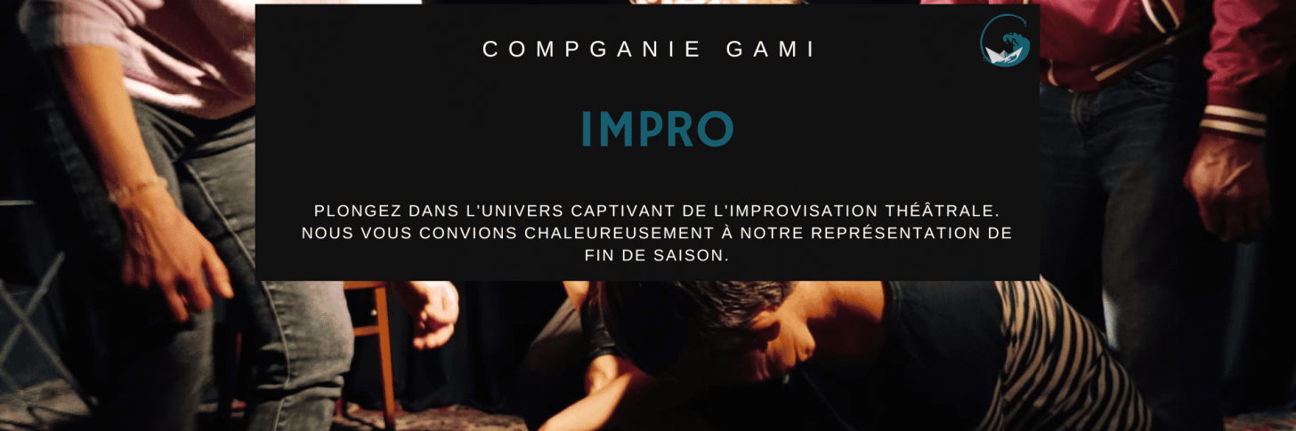 Nous vous convions chaleureusement à notre représentation de fin de saison, où l'énergie créative fuse et où chaque instant est une surprise. Venez encourager notre groupe d'impro de la saison 2023-2024 alors qu'ils tissent des histoires spontanées, donnent vie à des mondes imaginaires et vous emportent dans un tourbillon d'émotions. Prix libre, au chapeau en fin de représentation.