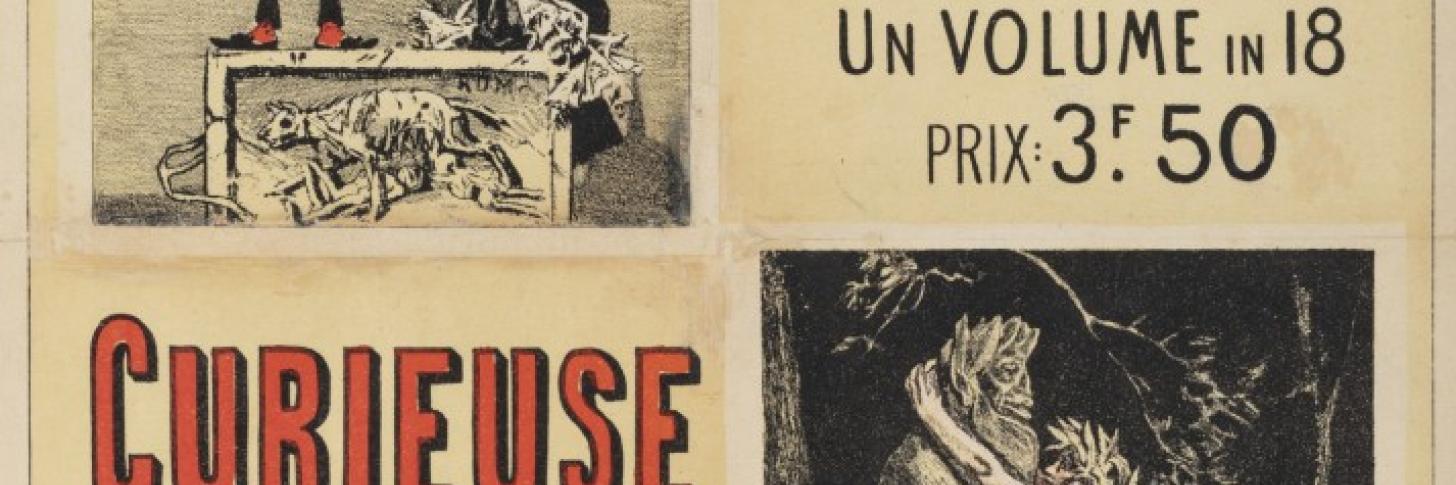 Affiche publicitaire pour la vente des ouvrages Le Vice Suprême et Curieuse de Joséphin Péladan illustrés par Félicien Rops, vers 1886, chromolithographie sur papier entoilé, 59,6 x 41,6 cm. Les Amis du musée Rops, en dépôt au musée Rops, inv. AMIS DOC 004
