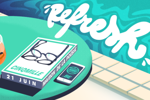 Illustration d'un magazine cinqmille et du site sur smartphone avec un verre d'orangade au bord d'une piscine