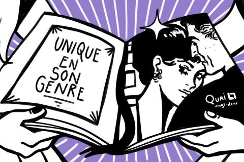 Illustration d'un livre ouvert tenu par deux mains. Sur la page de gauche est écrit "Unique en son genre" et sur la droite est dessinée une fresque d'un homme et d'une femme, la femme regarde tout droit l'homme regarde la femme, c'est une fresque sur la façade du Quai 22