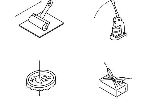 Dessins en noir un blanc dun rouleau de linogravure, d’une machine à pins, d’un tambour à broder et d’un cadeau emballé dans du tissus 