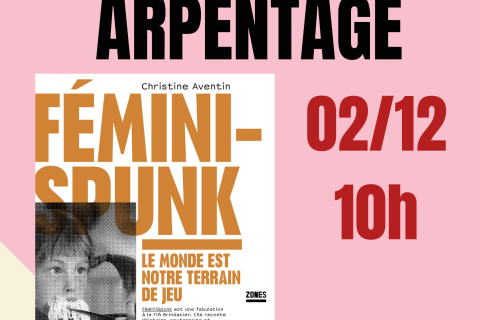 Couverture du livre "Feminispunk" de Christine Aventin, sur fond rose, avec une photo de l'héroïne Fiffi Brindacier. En texte: p'tit dej' et arpentage // lecture collective