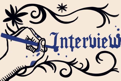 illustration d'une main qui écrit  " interview"  à la plume , autour sont dessinés des décorations type enluminure