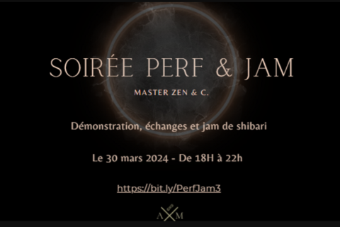 Fond noir avec une lune + texte de la soirée performance et Jam de Shibari avec le nom des performeurs et date