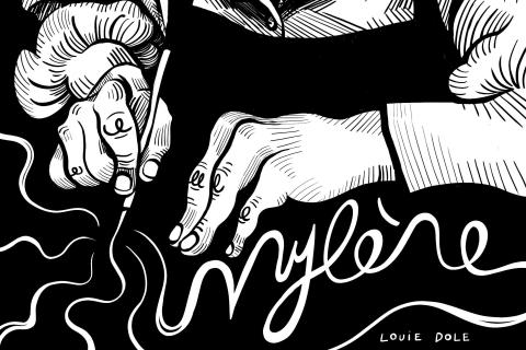 Illustration de mains qui découpent avec un cutter, les découpes forment des traits et le prénom "Mylène"